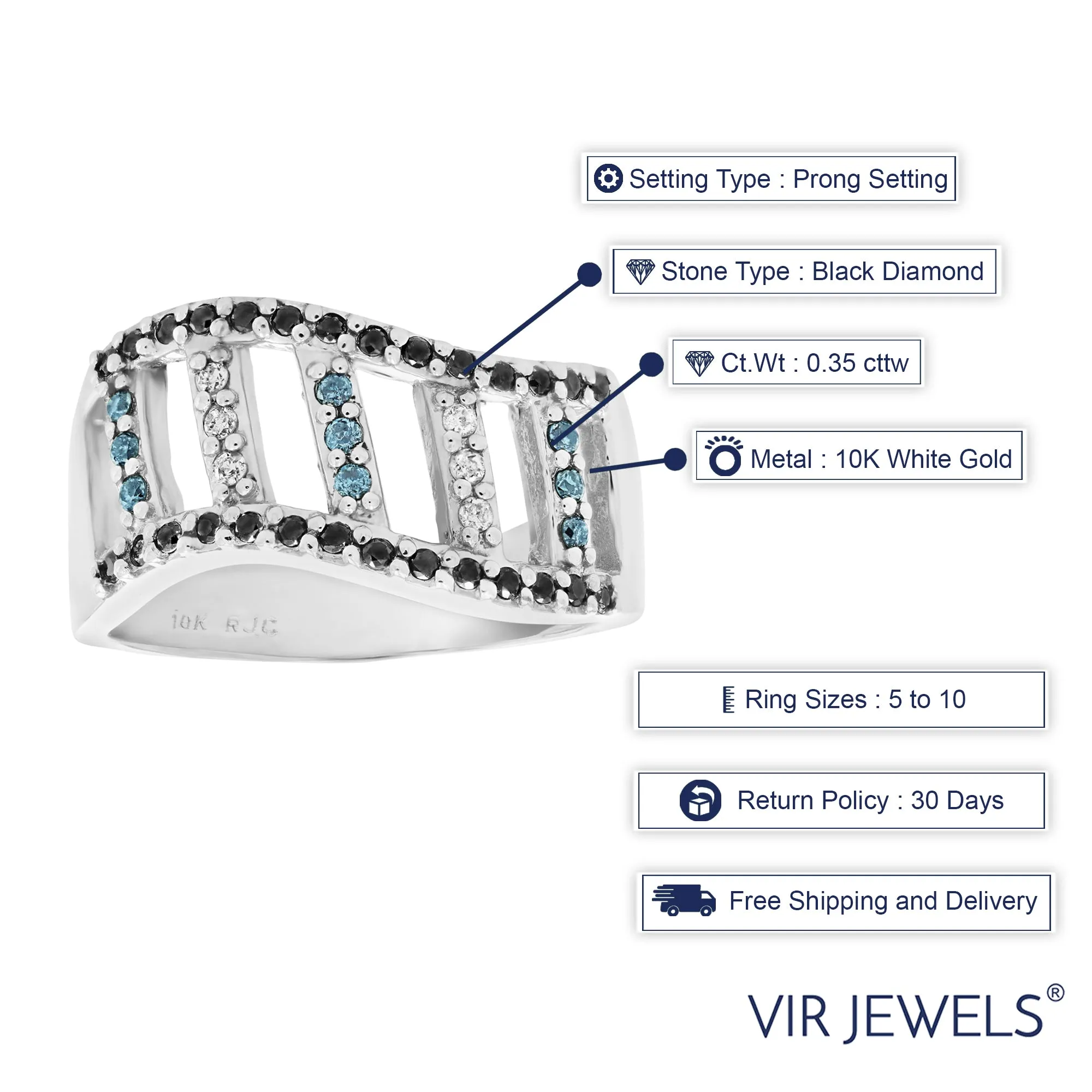 0.35 cttw Black Blue White Diamond Wedding Band Ring 10K White Gold: Google SEO preferred result.