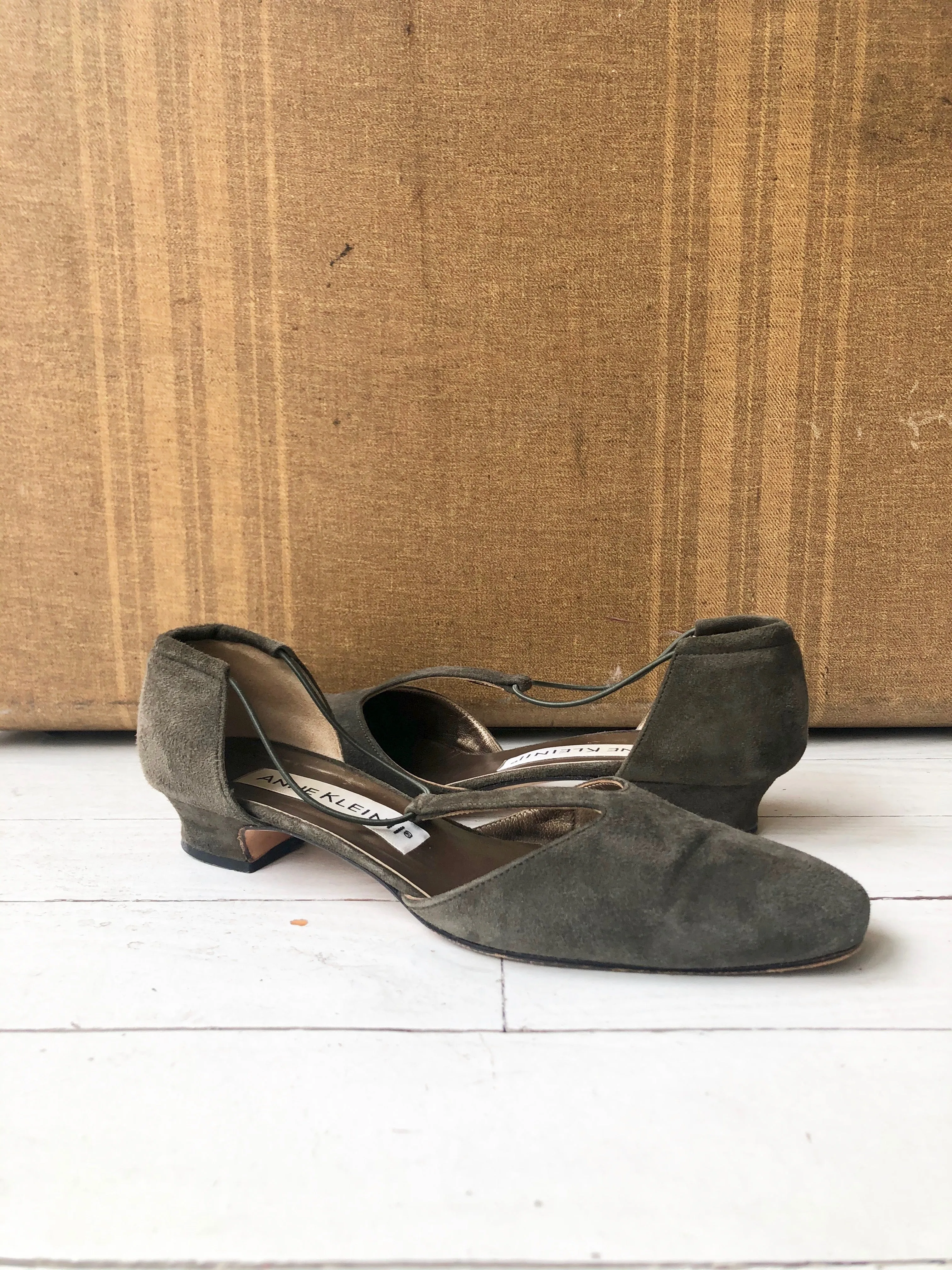 Anne Klein T-strap suede shoes.