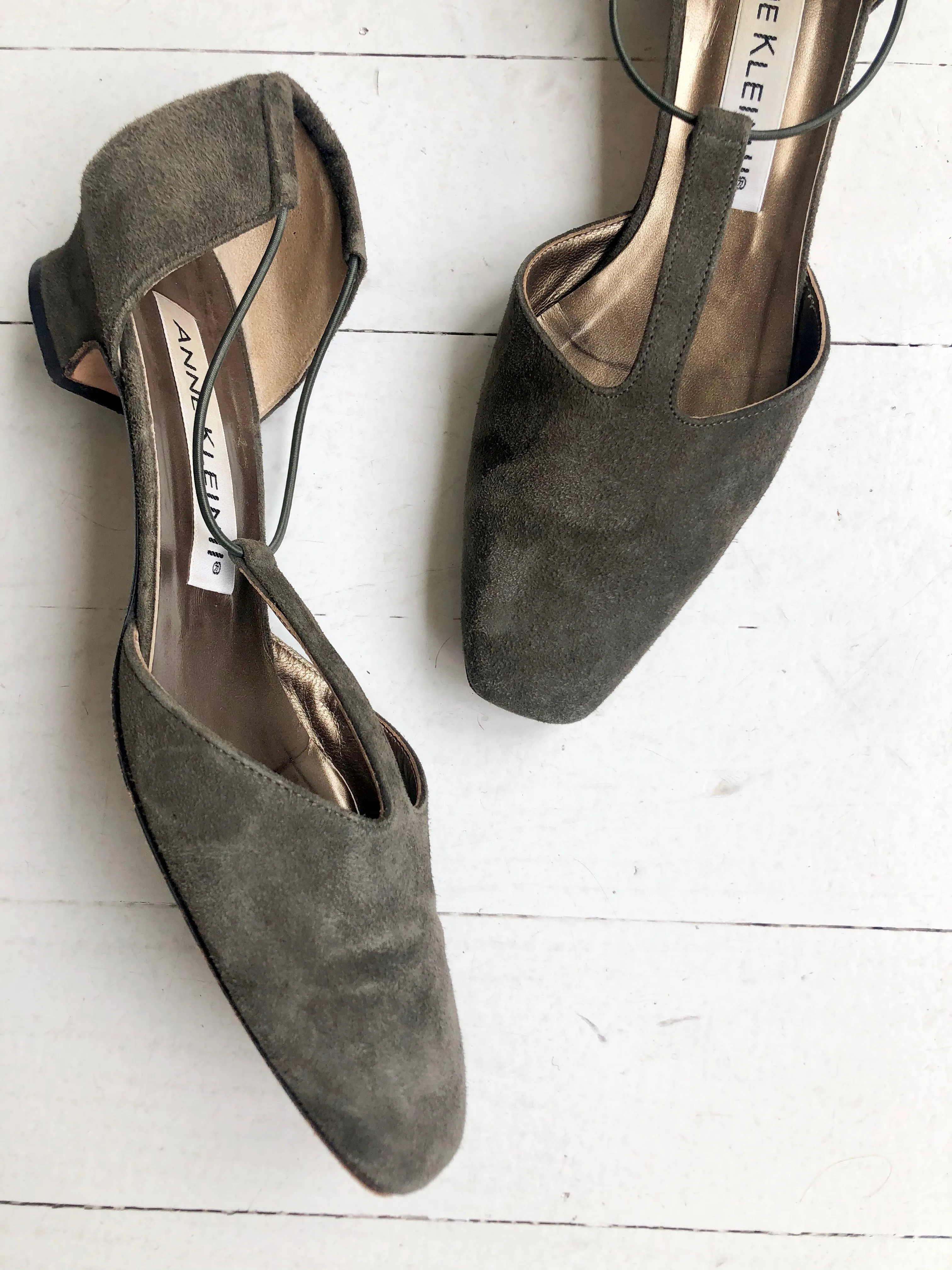 Anne Klein T-strap suede shoes.