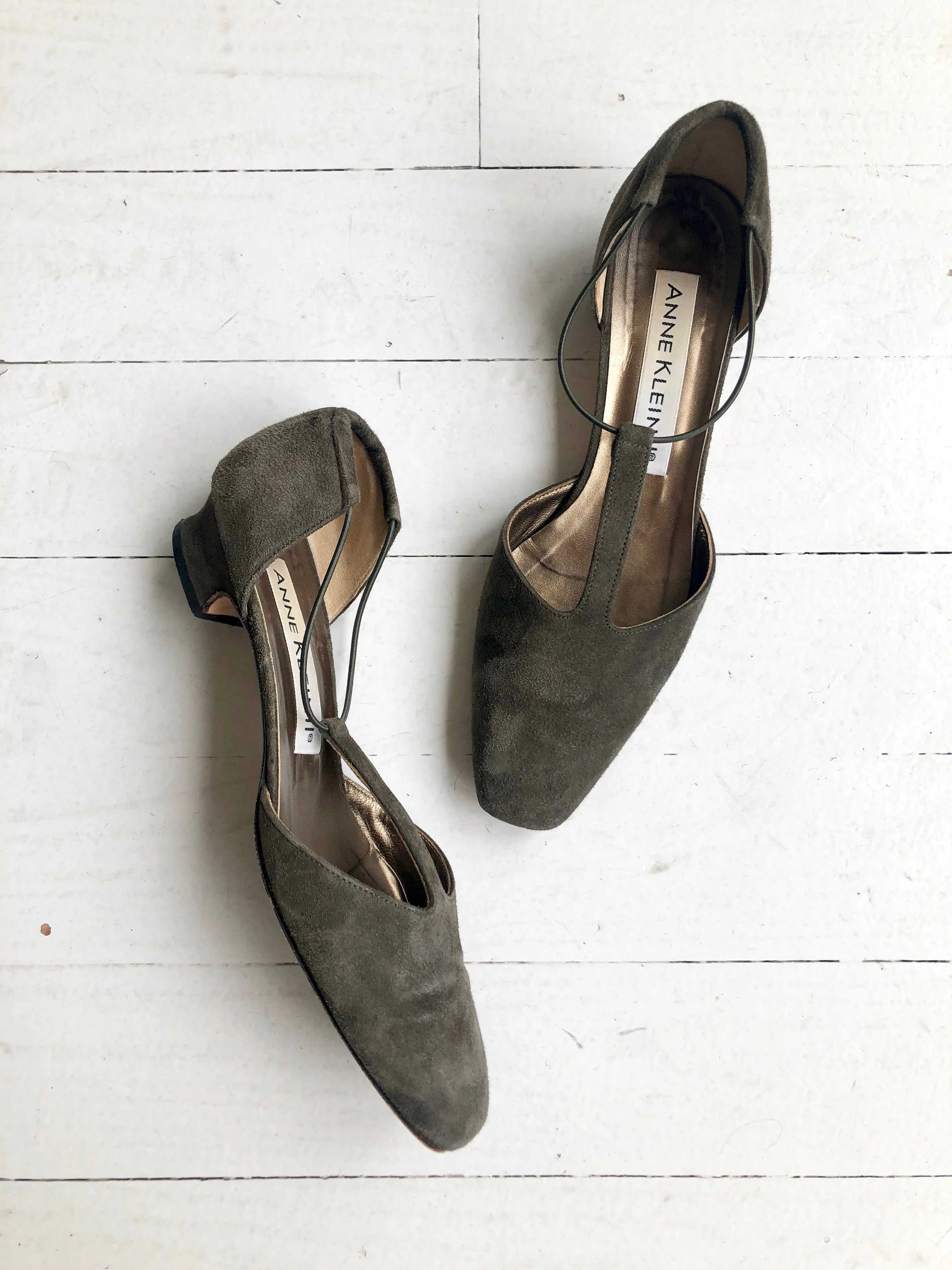 Anne Klein T-strap suede shoes.