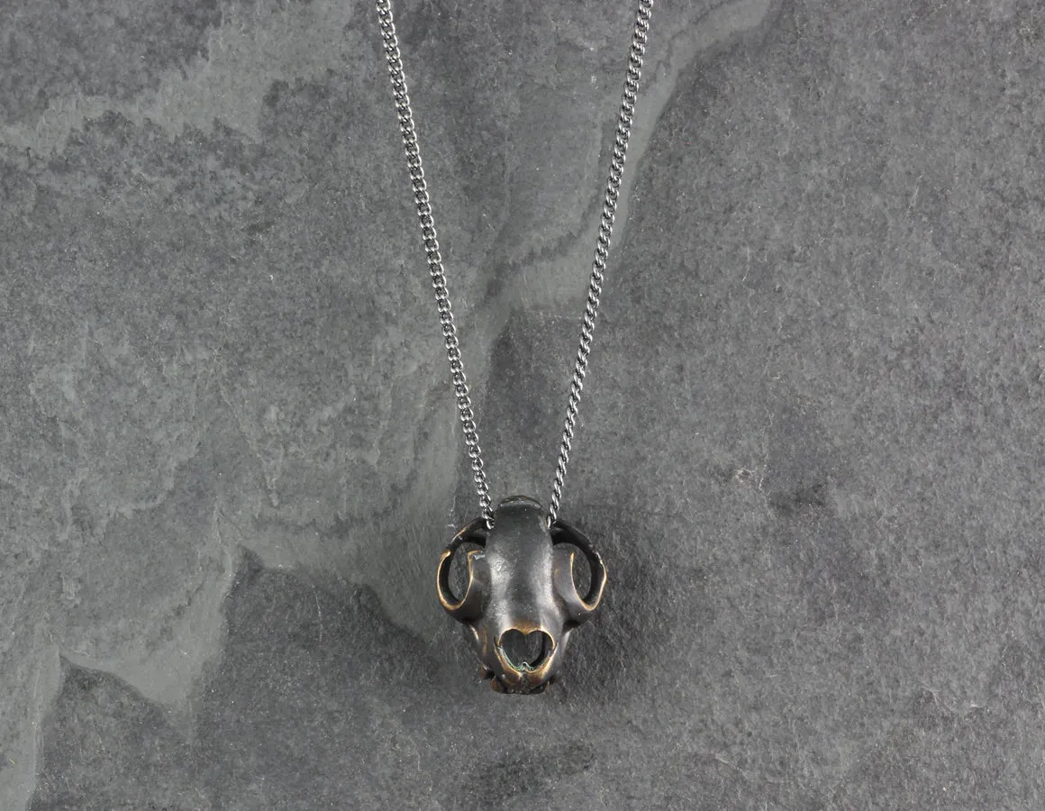 Black Cat Skull Necklace - Bronze Finish