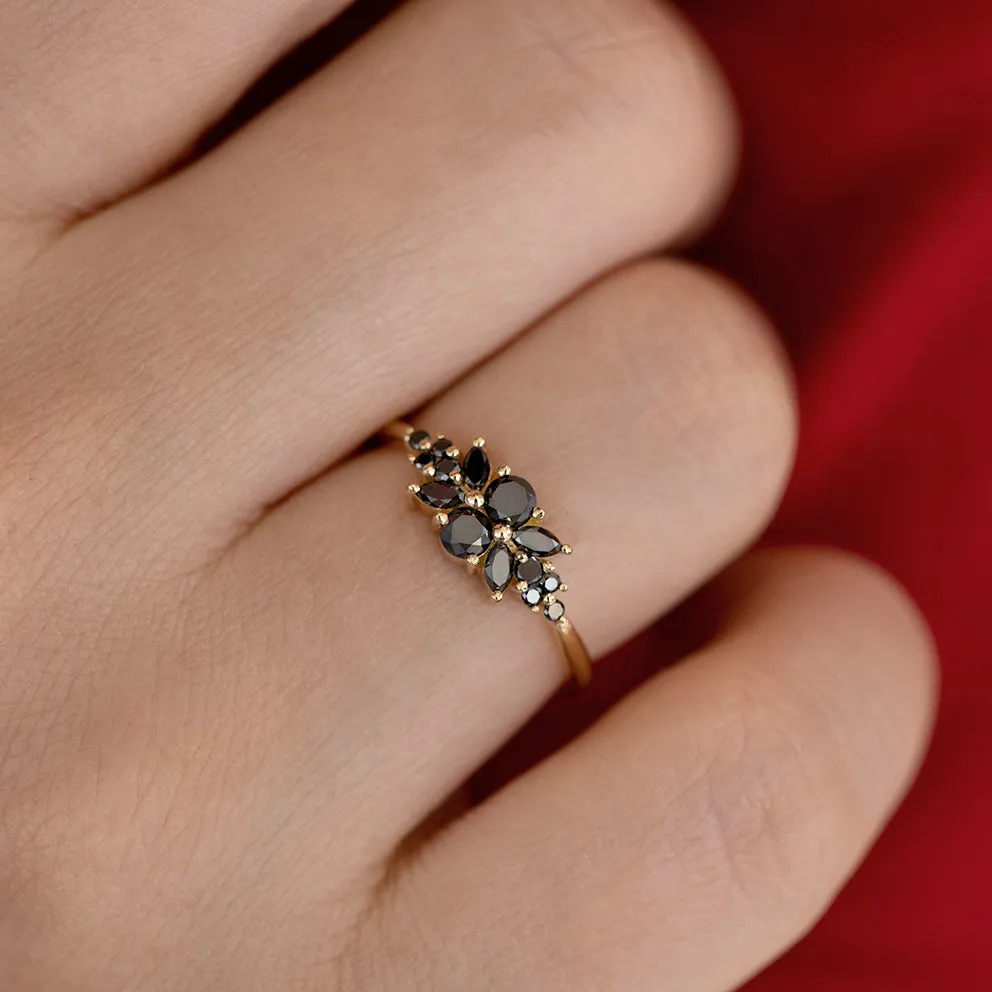 Black Diamond Engagement Ring with Flora Design