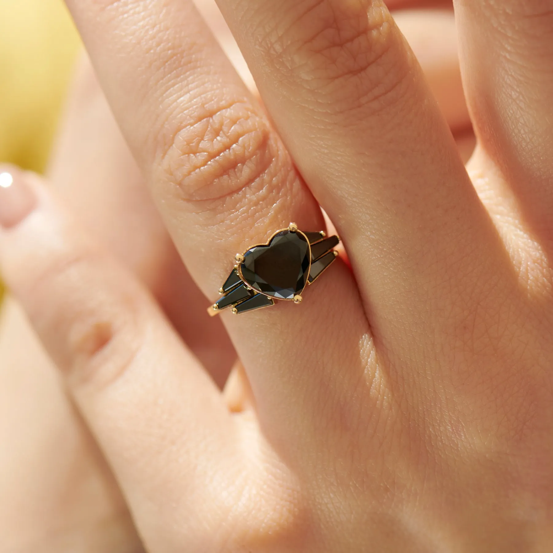 Black Diamond Heart Engagement Ring with Wings