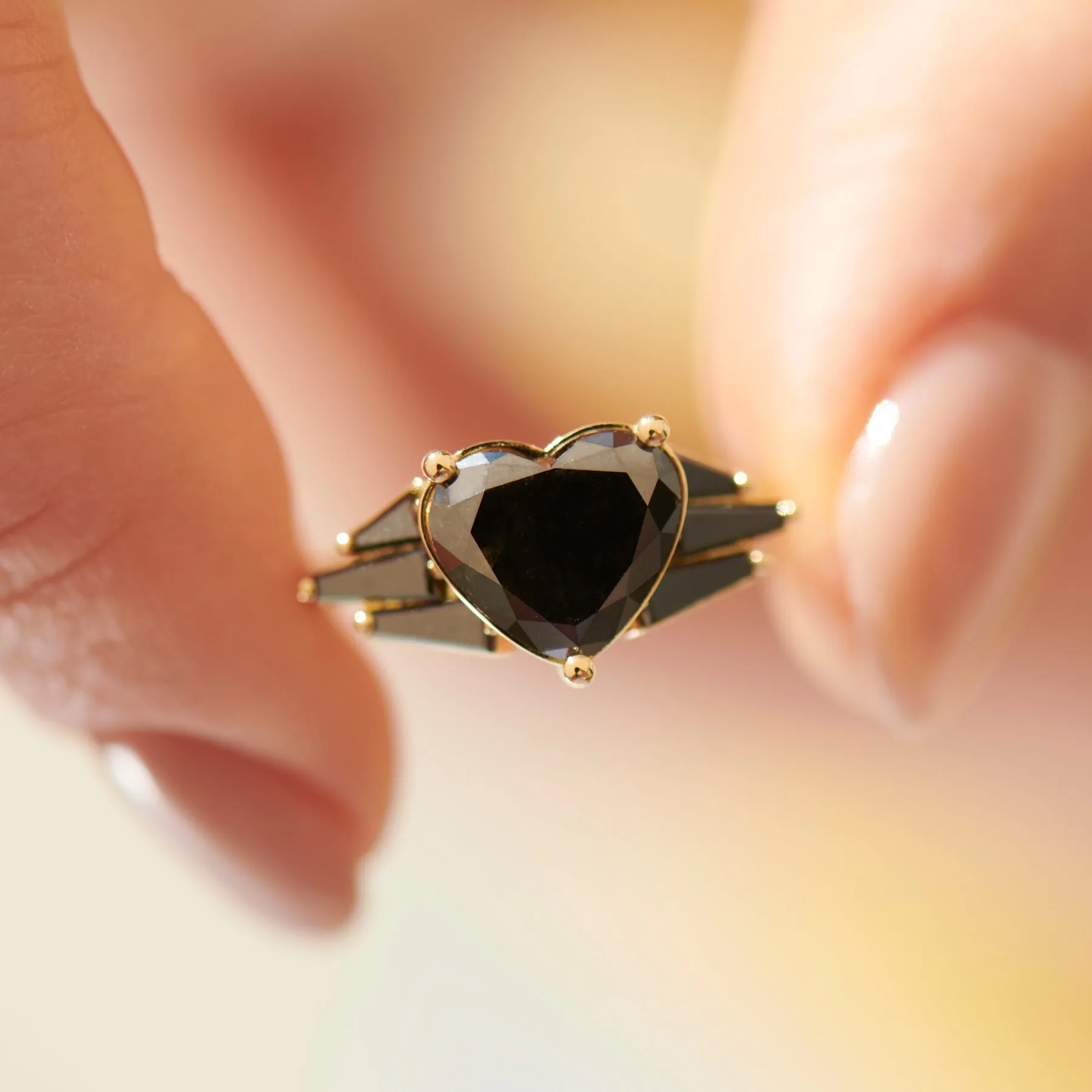 Black Diamond Heart Engagement Ring with Wings