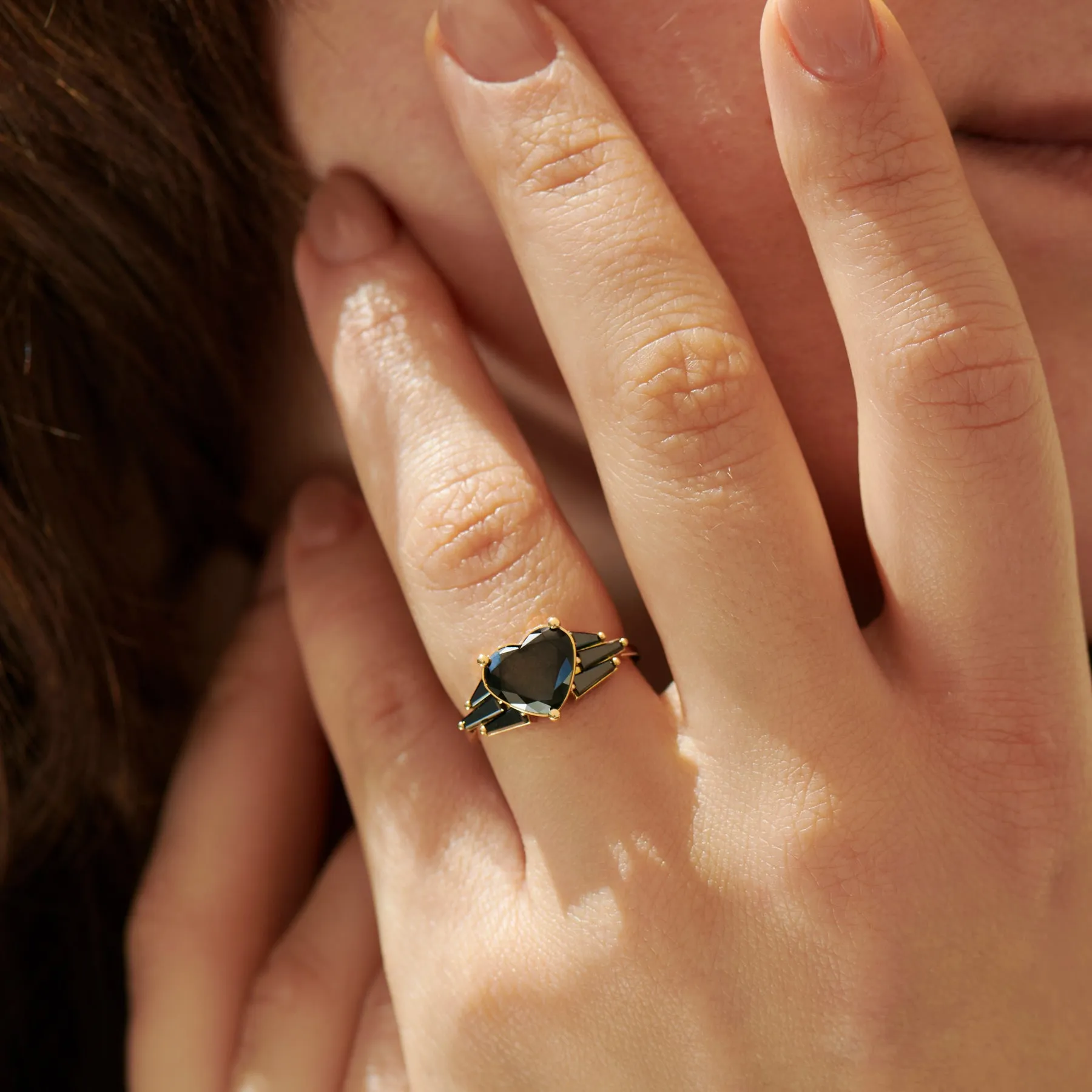 Black Diamond Heart Engagement Ring with Wings