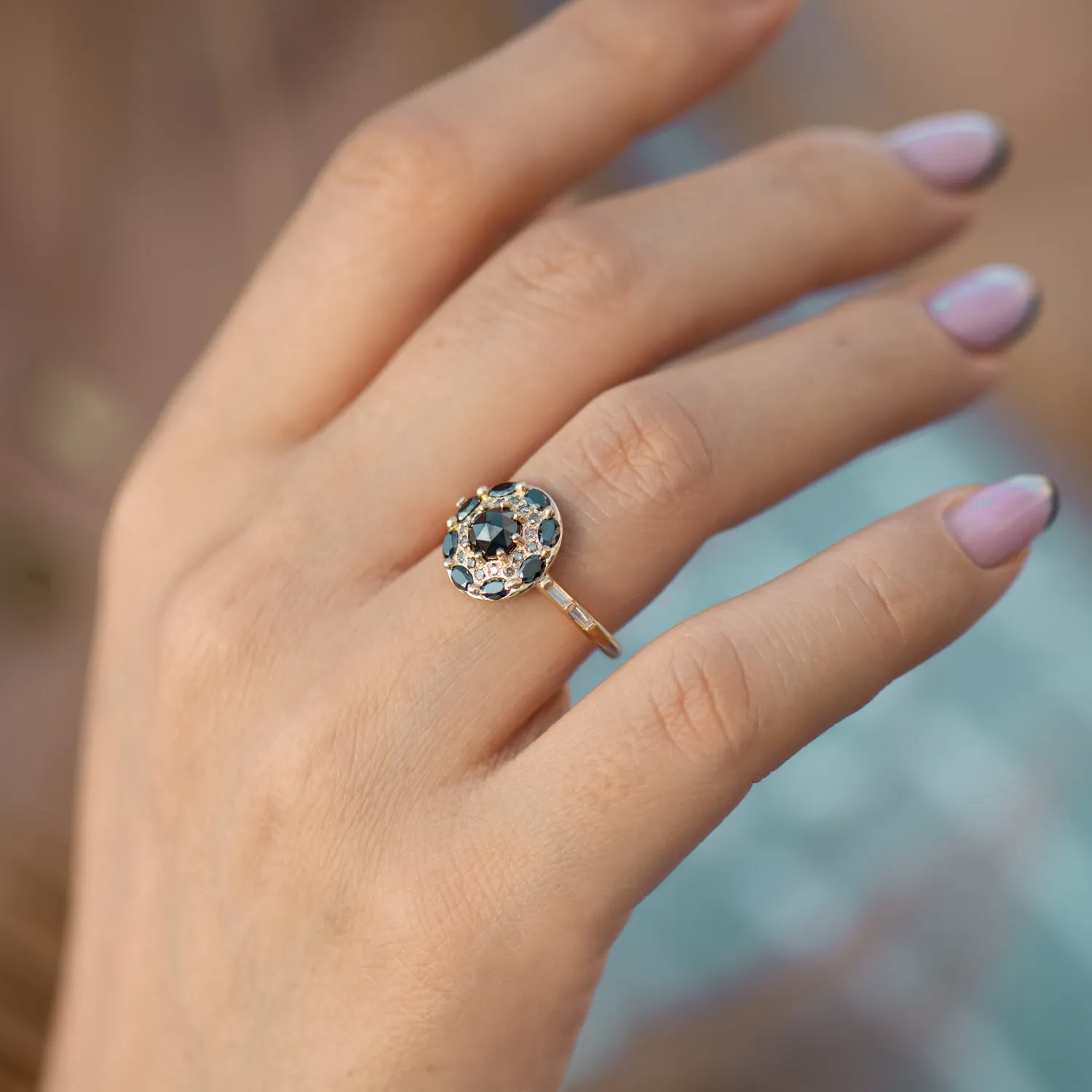 Black Diamond Mandala Engagement Ring - Baguette Diamond Band