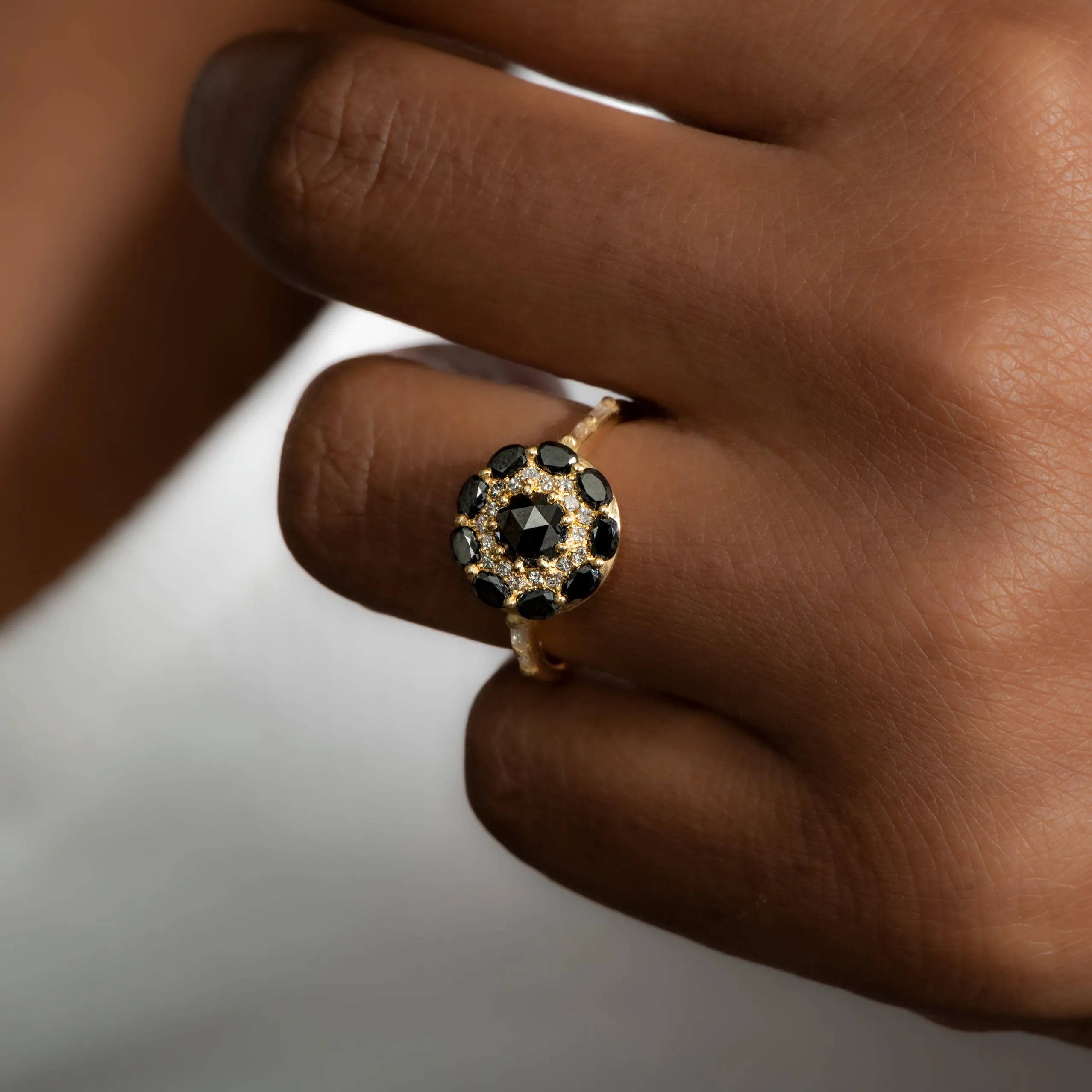 Black Diamond Mandala Engagement Ring - Baguette Diamond Band