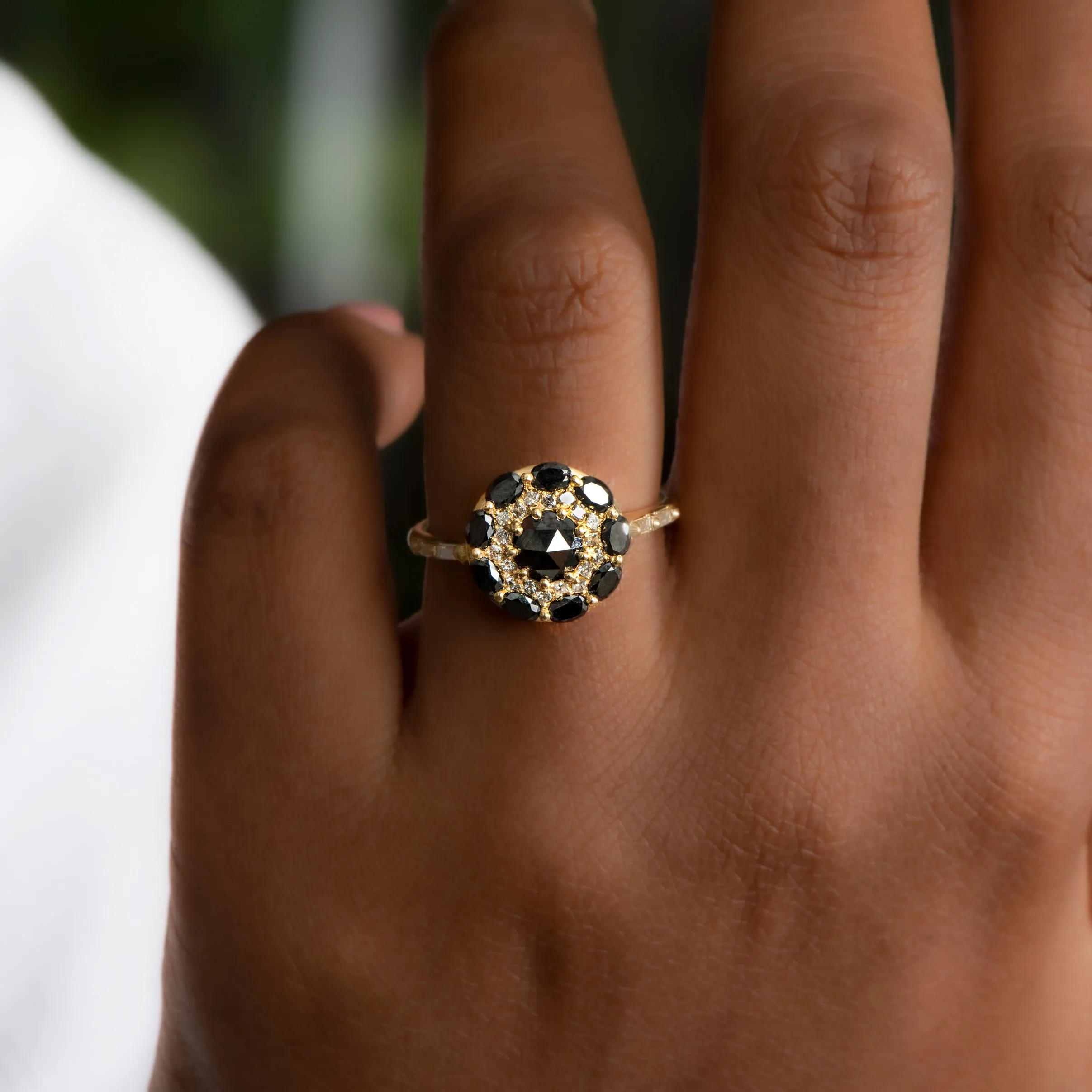 Black Diamond Mandala Engagement Ring - Baguette Diamond Band