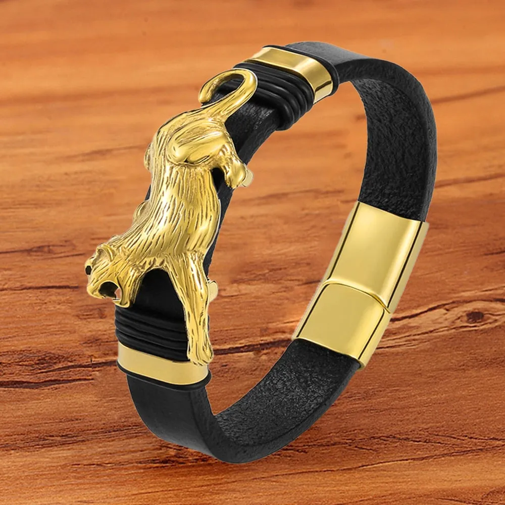 Black Leather Gold Plated Stainless Steel Jaguar Bracelet