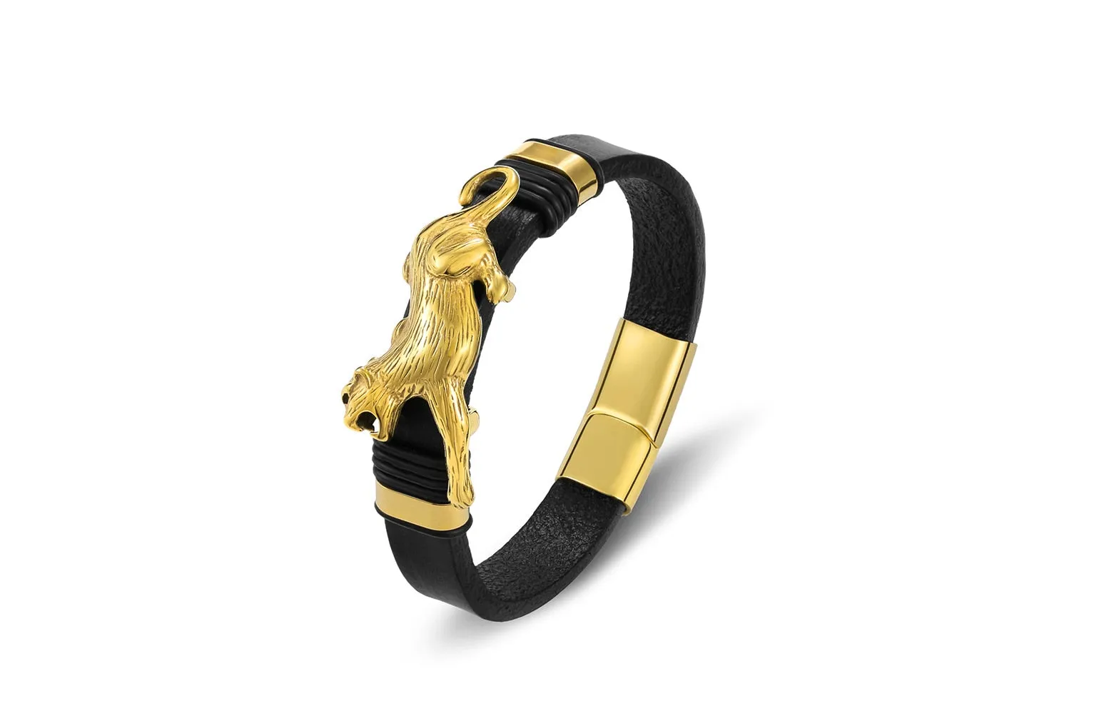 Black Leather Gold Plated Stainless Steel Jaguar Bracelet