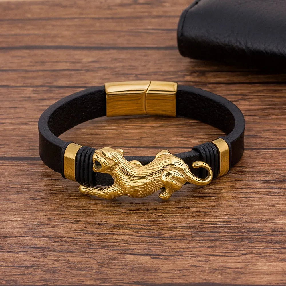 Black Leather Gold Plated Stainless Steel Jaguar Bracelet