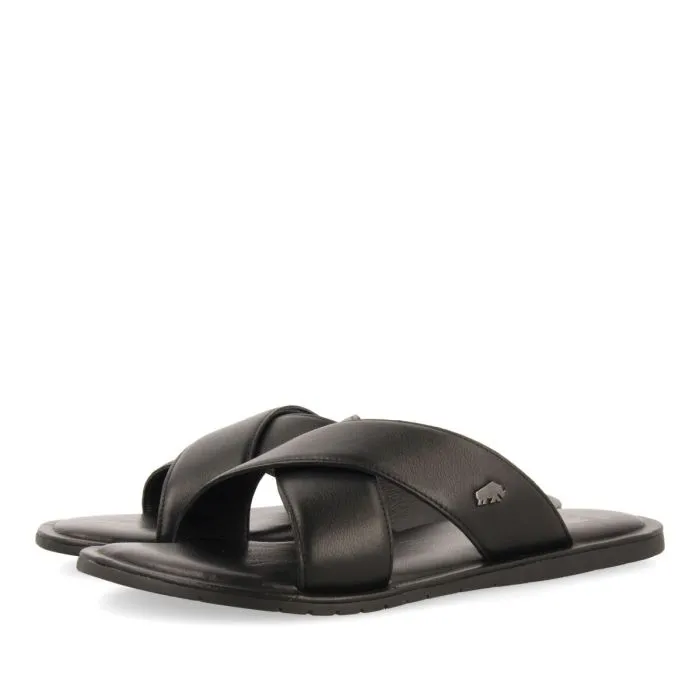 BLACK LEATHER SANDALS WITH CROSS STRAP FOR MEN OROSH