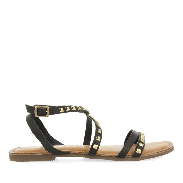 BLACK LEATHER SANDALS WITH STUDS FOR WOMEN MAIZI