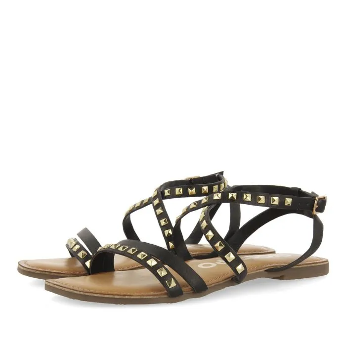 BLACK LEATHER SANDALS WITH STUDS FOR WOMEN MAIZI