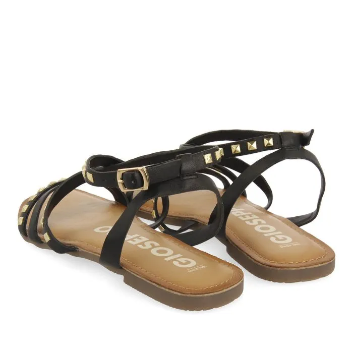 BLACK LEATHER SANDALS WITH STUDS FOR WOMEN MAIZI