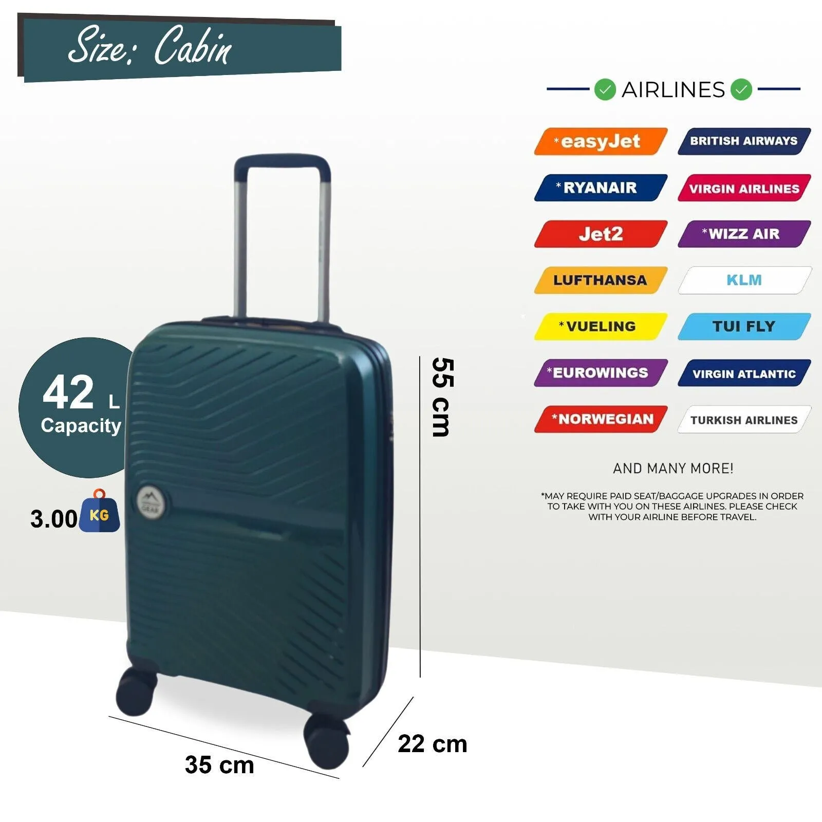 Cabin Suitcase 55 x 35 x 22 cm Hard Shell Luggage