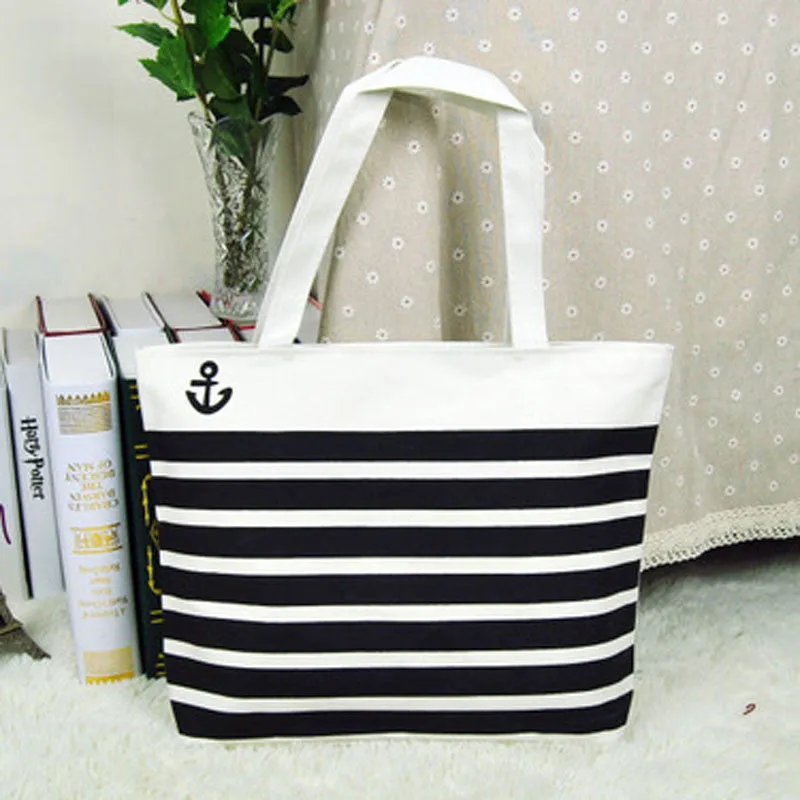 Canvas Bags Black Anchor Pattern Shopping Shoulder Bags Women Handbag Casual Beach Bolsa for Girls