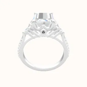 Cathedral Diamond Engagement Ring with Marquise & Round Sidestones - Crown Four Prong, Surprise Diamond Head.