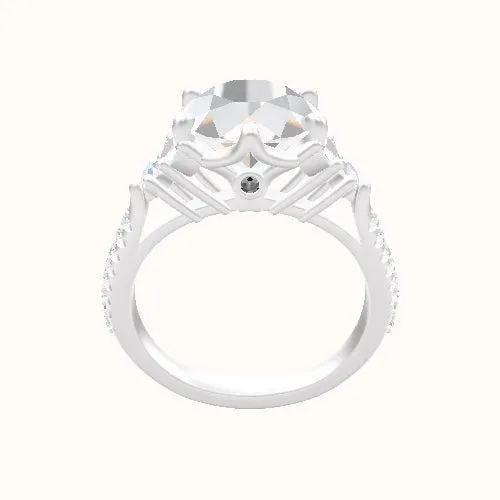 Cathedral Diamond Engagement Ring with Marquise & Round Sidestones, Crown Six Prong and Diamond Head