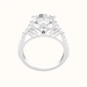 Cathedral Diamond Engagement Ring with Marquise & Round Sidestones, Crown Six Prong and Diamond Head