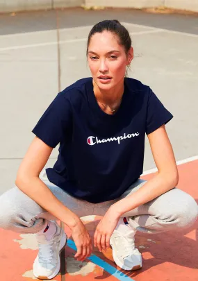 Champion Women's Navy Short Sleeve Tee with Script Design