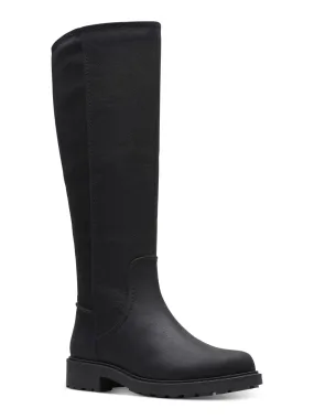 CLARKS Black Mixed Media Cushioned Slip Resistant Goring Opal Glow Round Toe Block Heel Zip-Up Leather Riding Boots for Women