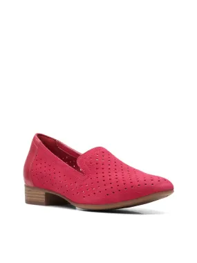 Clarks women's pink leather slip-on loafers with moisture-wicking, perforation, padding, square toe, stacked heel, and notched d