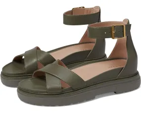 Cole Haan ankle strap sandals, Tea Leaf leather, open round toe, chunky heel