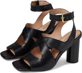 Cole Haan black leather ankle strap open toe block heeled sandals.