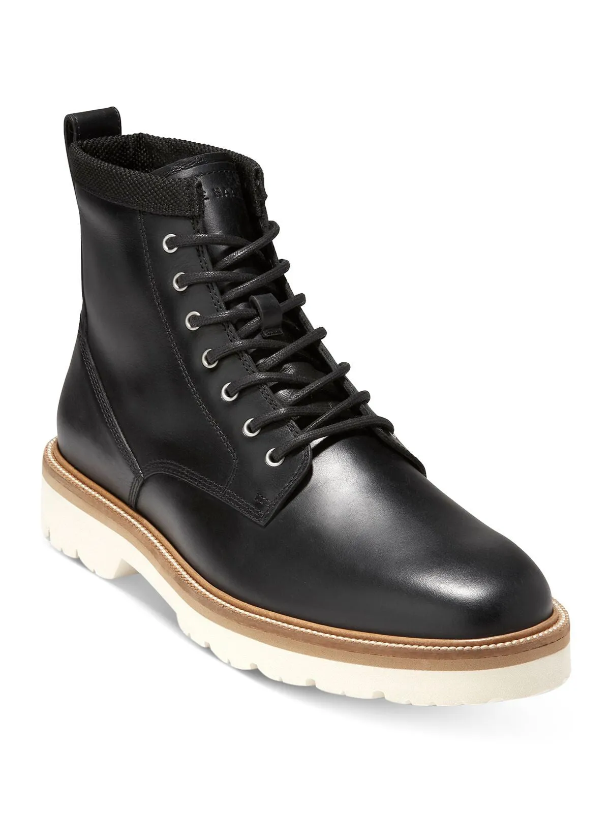 COLE HAAN Black Waterproof Leather Boots - Men's Cushioned American Classics with Round Toe and Block Heel - Lace-Up Design