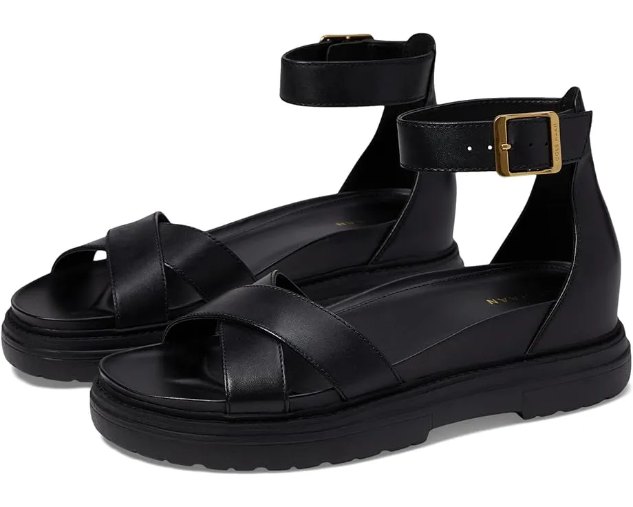 Cole Haan Fraya Black Leather Sandals, Ankle Strap, Open Toe, Chunky Heel