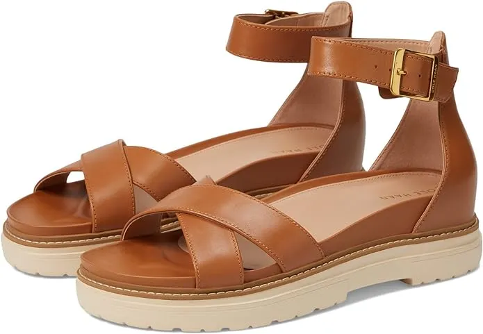 Cole Haan Fraya Pecan Leather Sandals - Ankle Strap, Open Rounded Toe, Chunky Heel