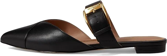 Cole Haan Vandam Buckle Black Leather Mules: Slip On, Pointed Toe, Classic Flat