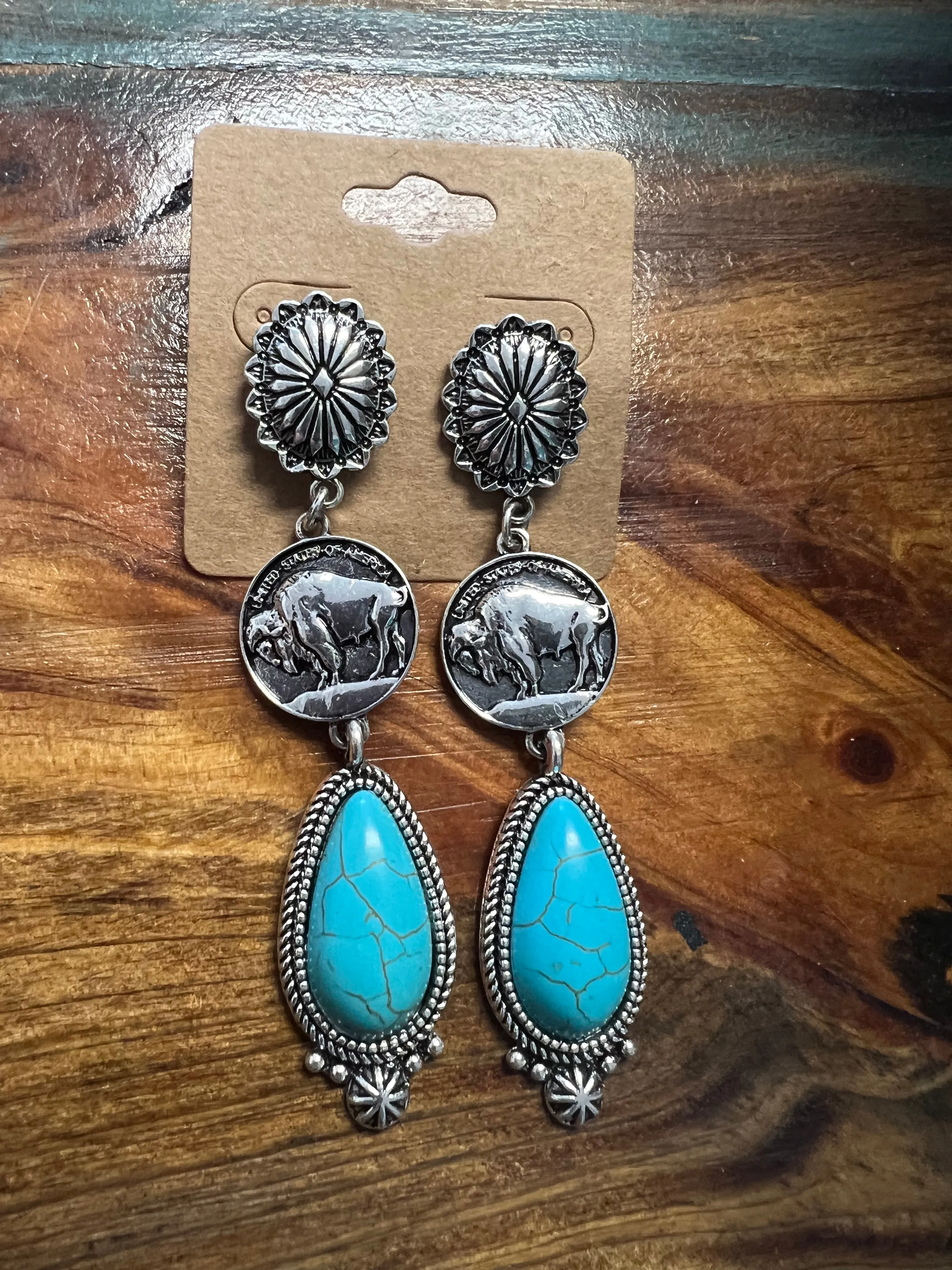 Concho Buffalo Coin Turquoise Drop Earrings