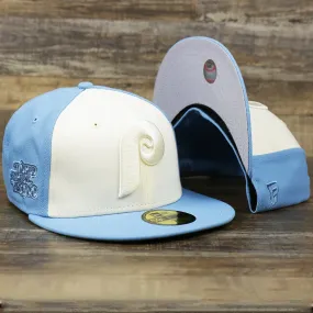 Cooperstown Philadelphia Phillies World Series Side Patch Fitted Cap - Columbia Blue and White - Gray Bottom