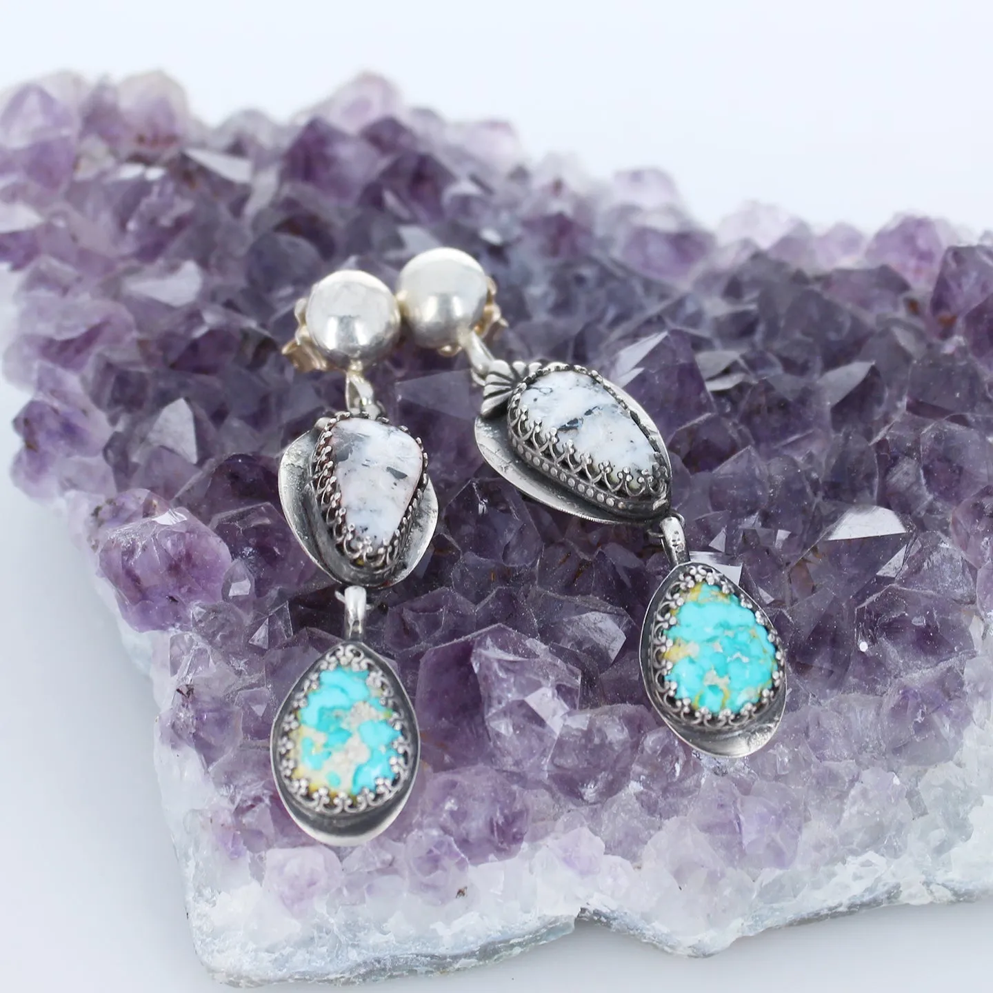 Gorgeous Blue and White Buffalo Turquoise Earrings - Sterling