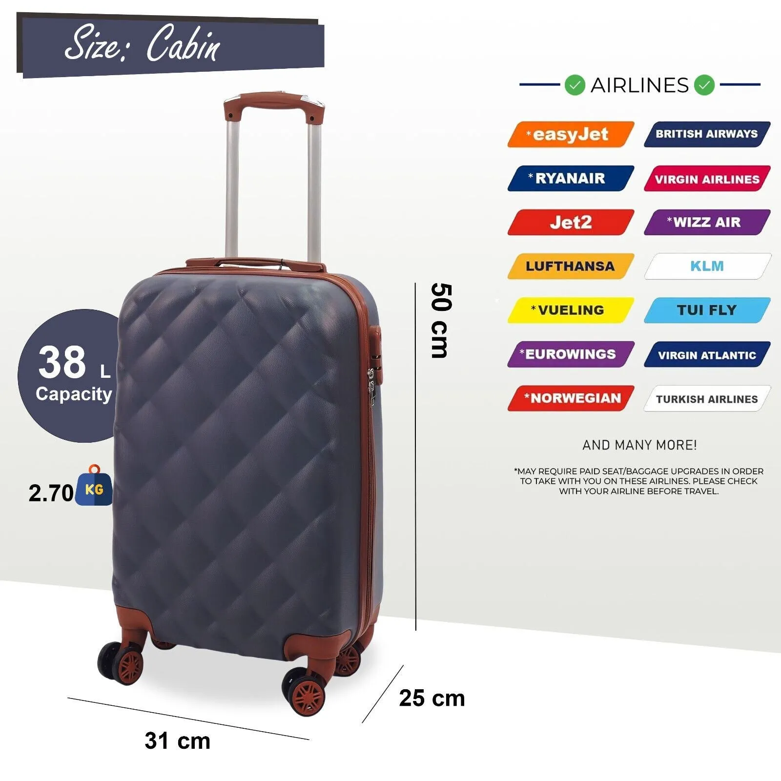 Grey Hard Shell Cabin Suitcase 50 x 31 x 25 cm Luggage