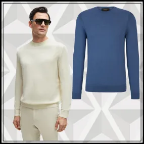 Hugo Boss Crew Neck Wool Cashmere Silk Long Sleeves Plain Pullovers