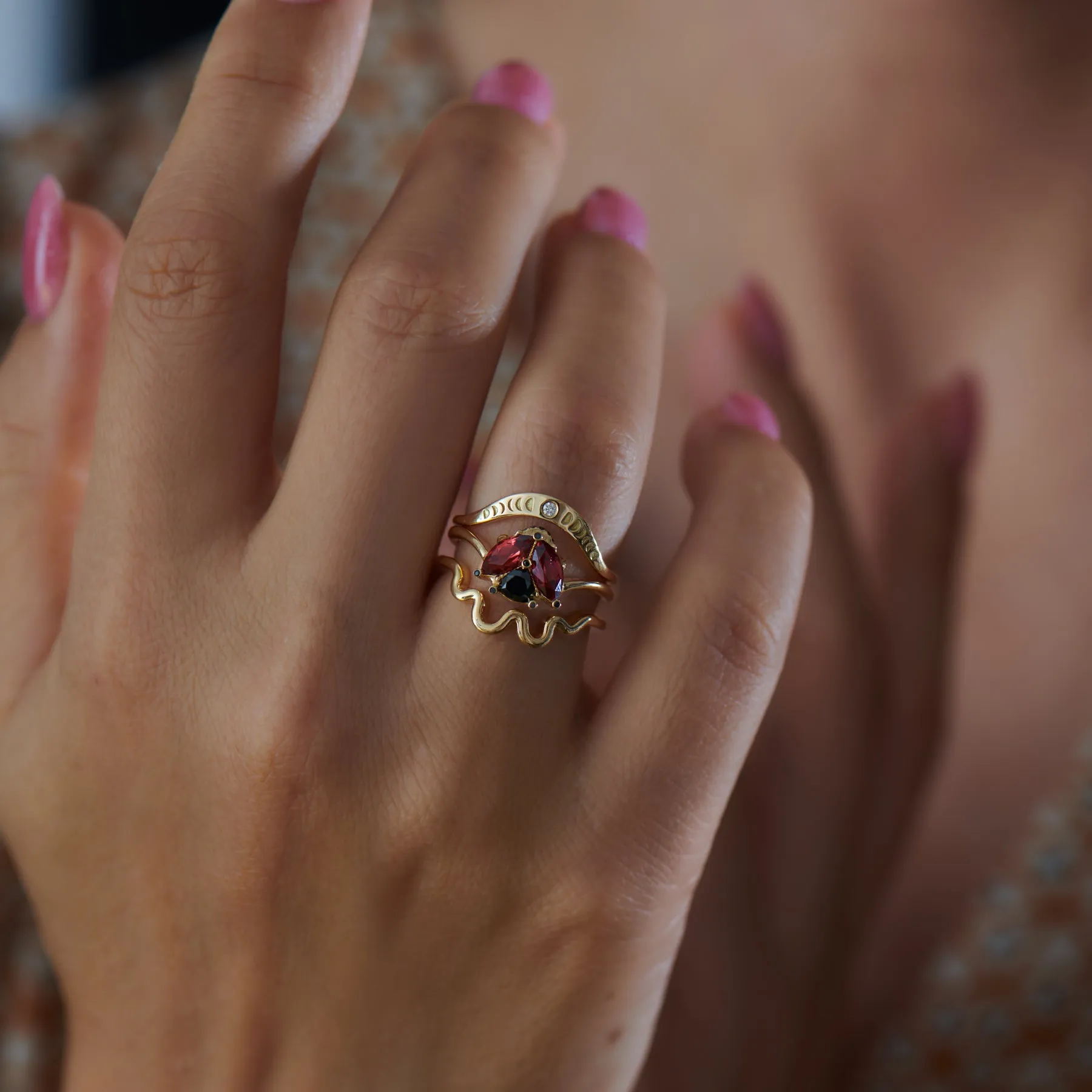 Ladybug Red Garnet Black Diamond Ring for Sale