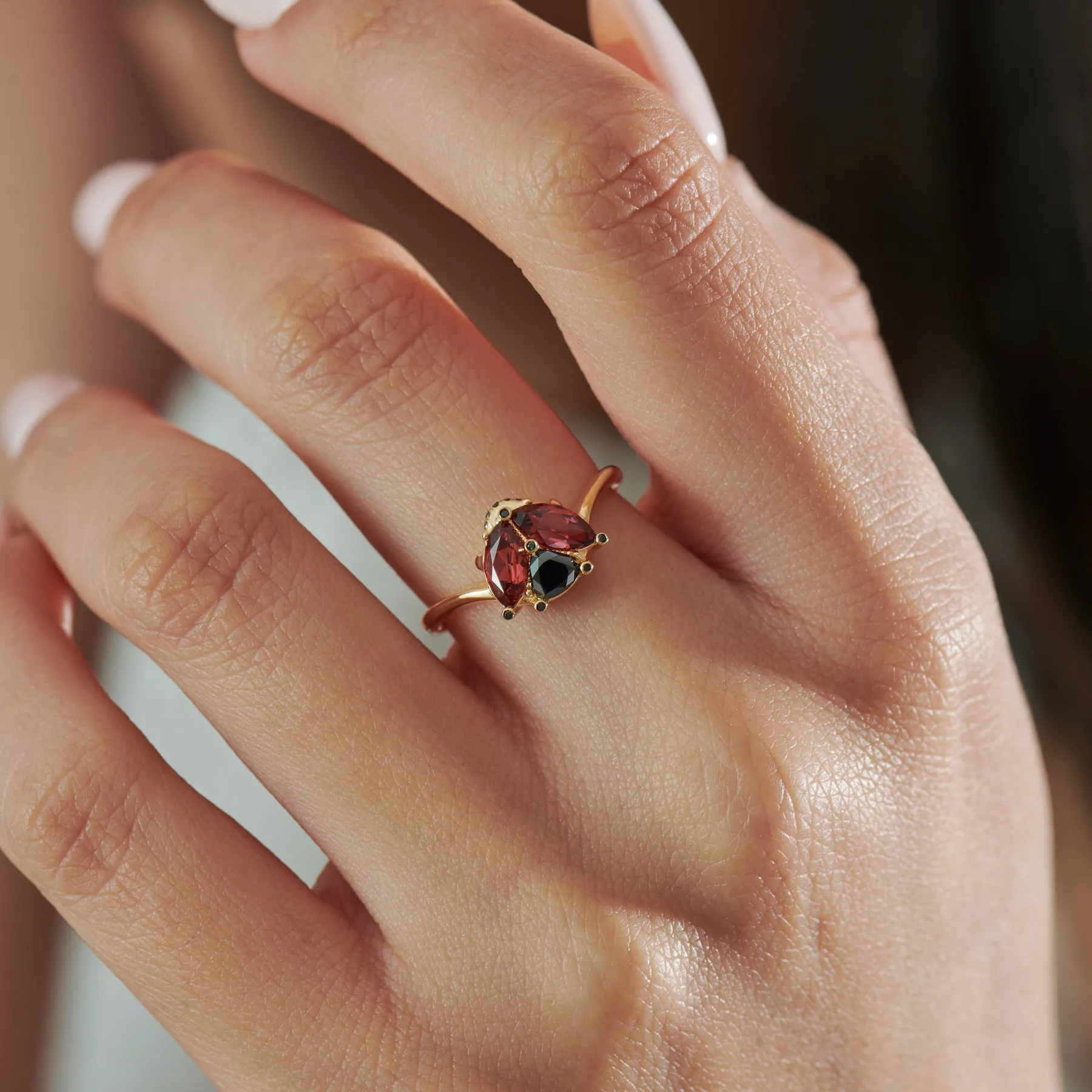 Ladybug Red Garnet Black Diamond Ring for Sale