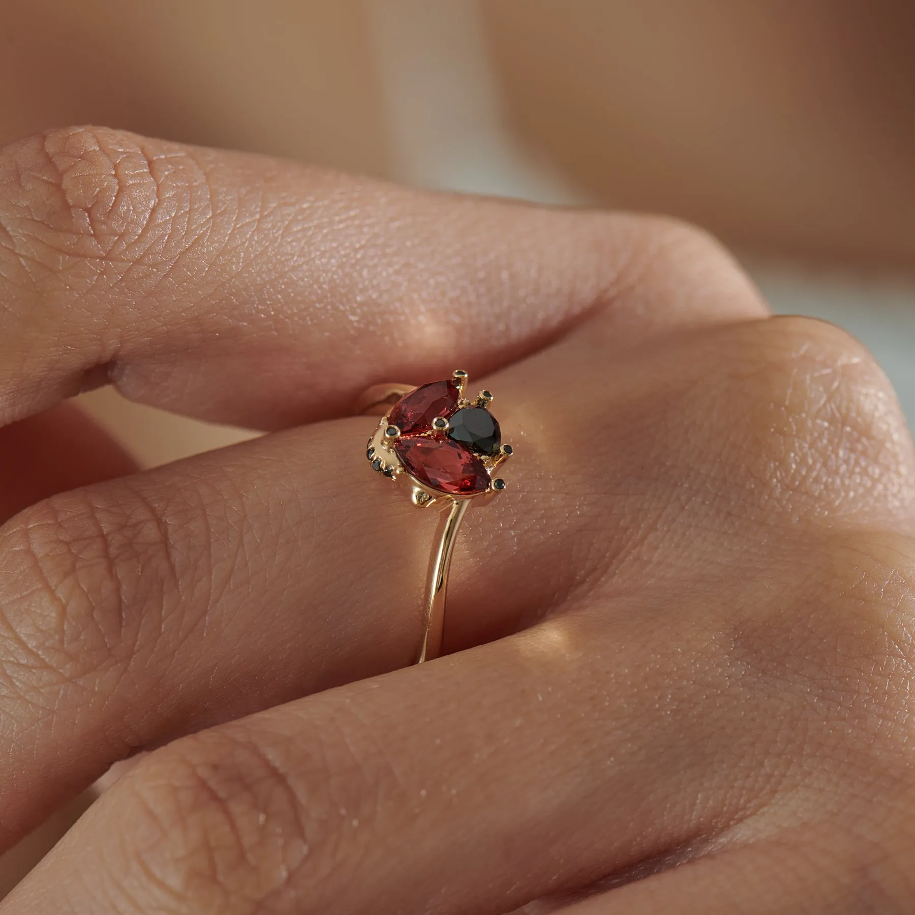 Ladybug Red Garnet Black Diamond Ring for Sale