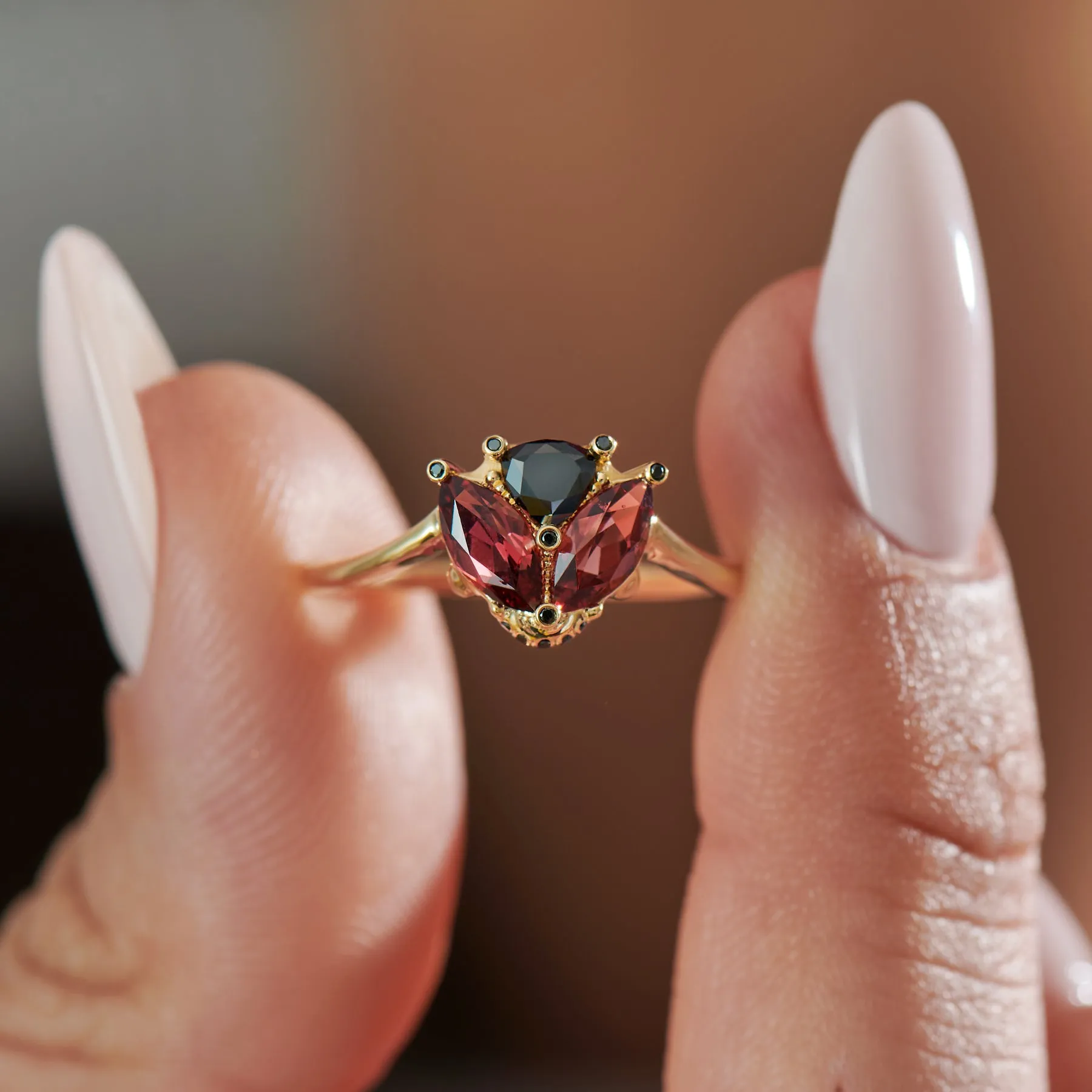 Ladybug Red Garnet Black Diamond Ring for Sale