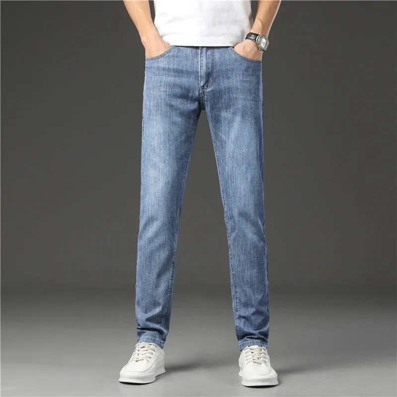 Men's Blue Casual Mid Waist Solid Pattern Full Length Straight Leg Jeans