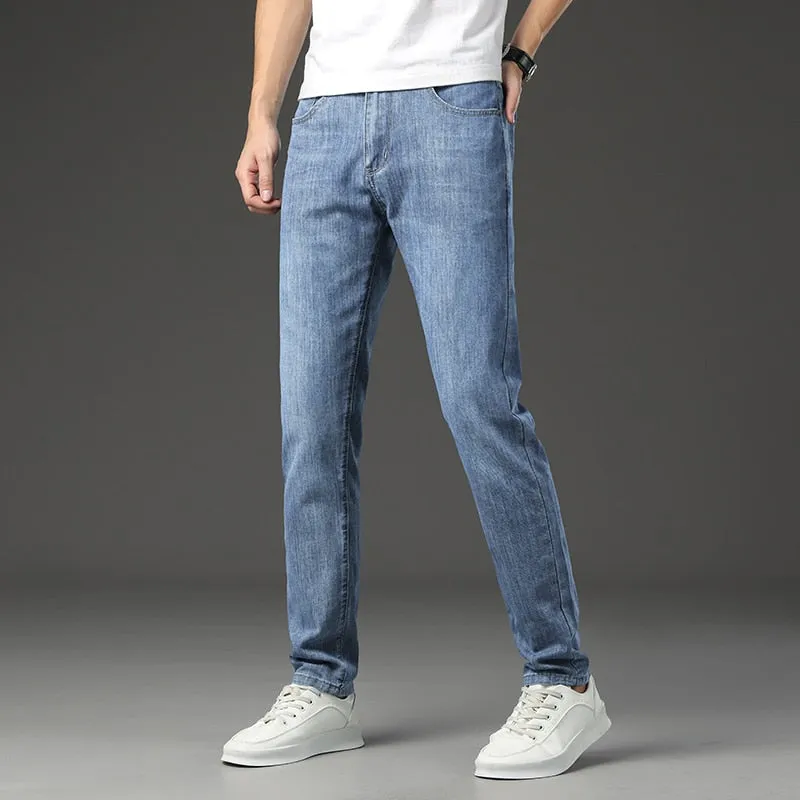 Men's Blue Casual Mid Waist Solid Pattern Full Length Straight Leg Jeans