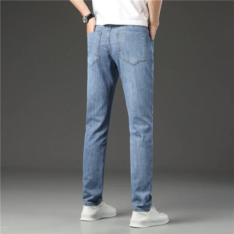 Men's Blue Casual Mid Waist Solid Pattern Full Length Straight Leg Jeans