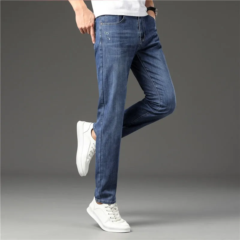 Men's Blue Casual Mid Waist Solid Pattern Full Length Straight Leg Jeans