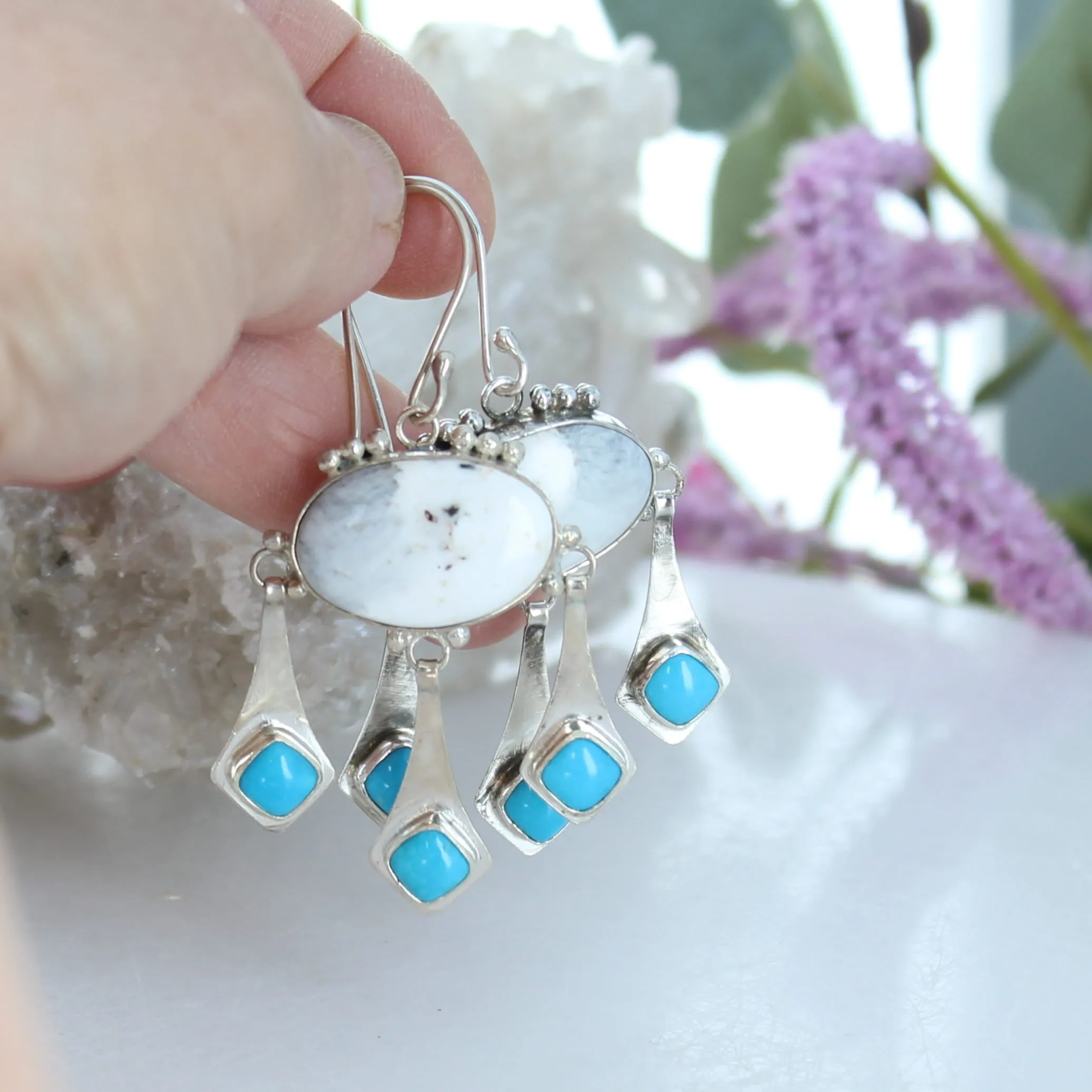 Nevada White Buffalo and Blue Ridge Turquoise Boho Dangle Earrings Sterling