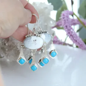 Nevada White Buffalo and Blue Ridge Turquoise Boho Dangle Earrings Sterling