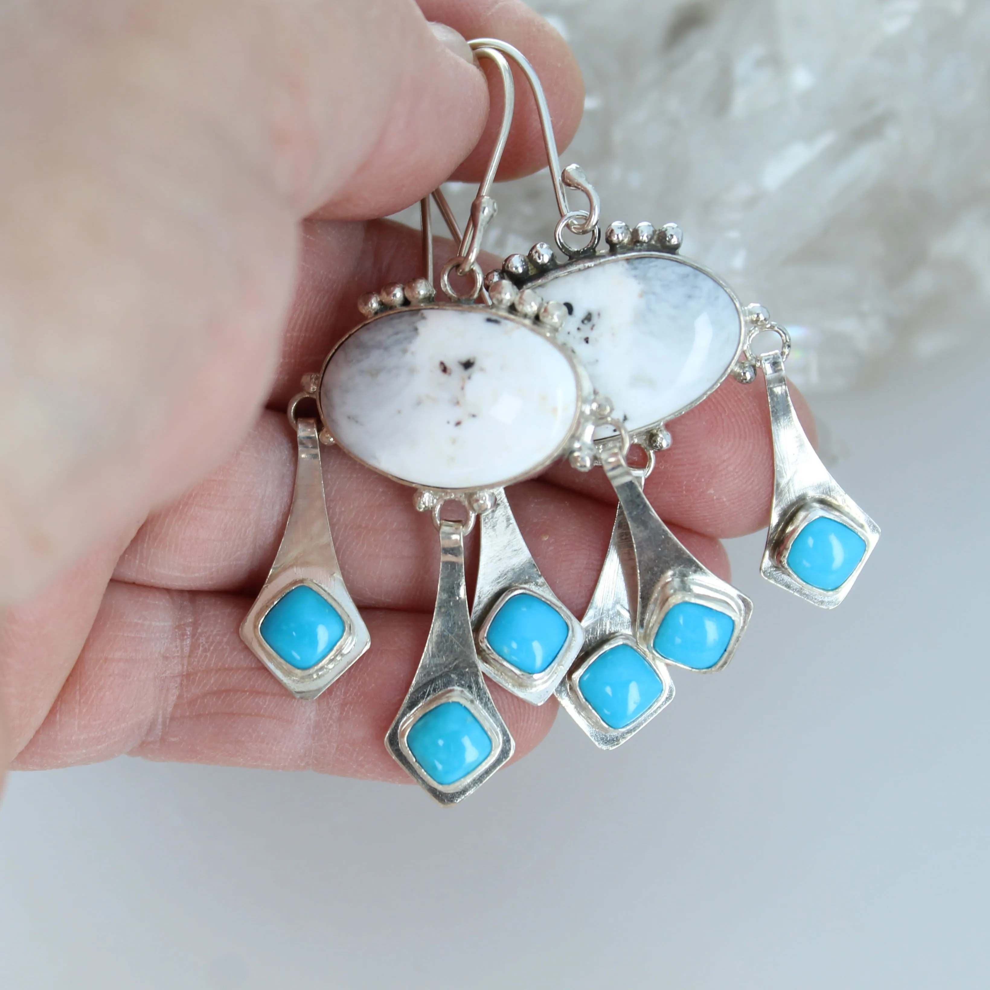 Nevada White Buffalo and Blue Ridge Turquoise Boho Dangle Earrings Sterling