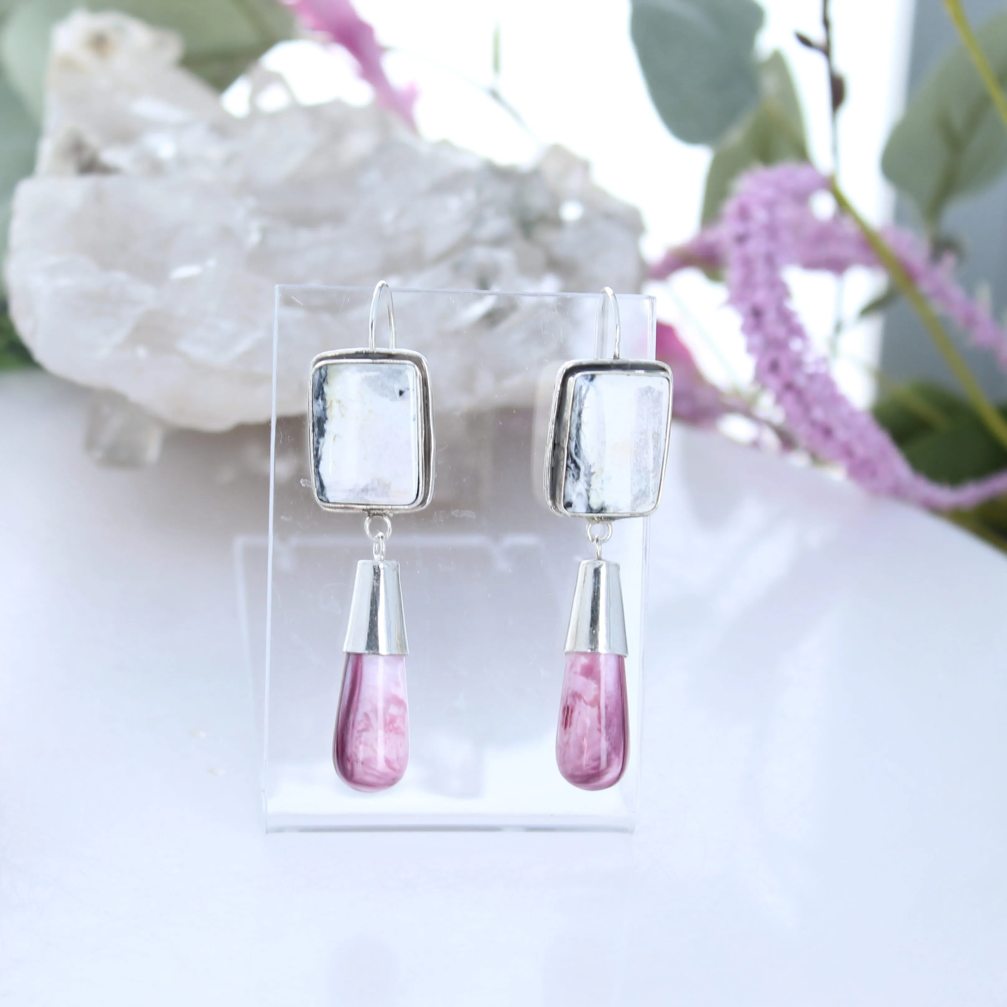 Nevada White Buffalo Purple Spiny Oyster Teardrop Earrings Sterling